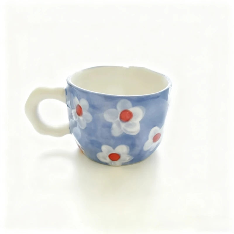 Korean Style Plaid & Floral Ceramic Coffee Mug ☕🌈 | 400ml Cute Handgrip Cup | Eco-Friendly Gift for Her