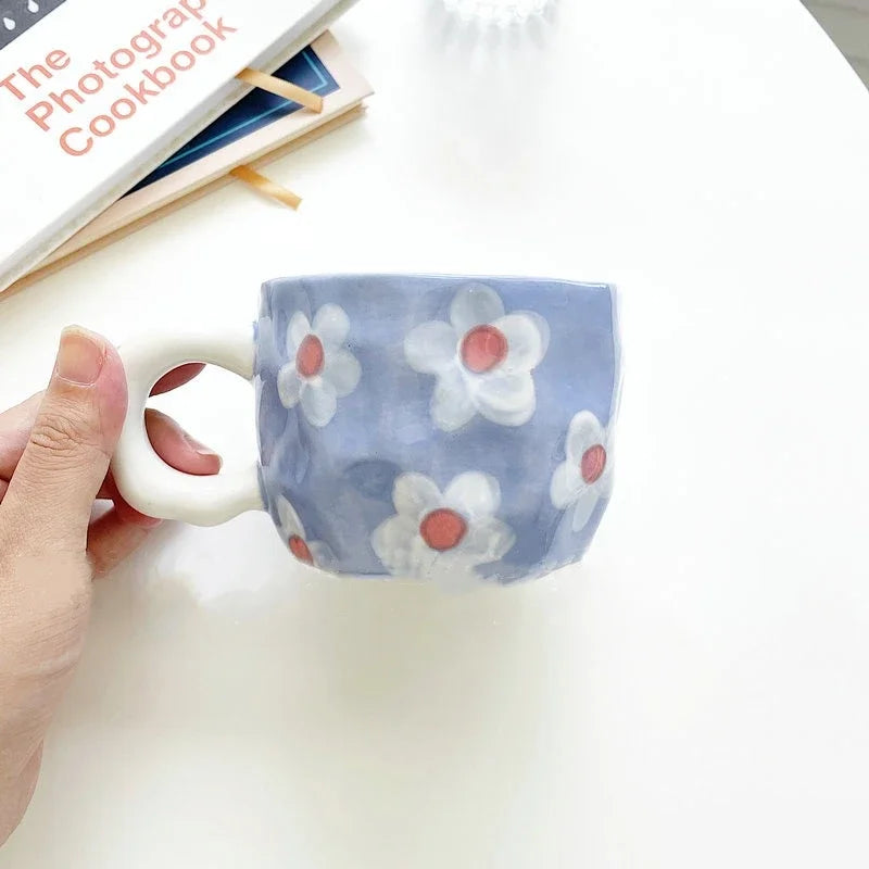 Korean Style Plaid & Floral Ceramic Coffee Mug ☕🌈 | 400ml Cute Handgrip Cup | Eco-Friendly Gift for Her
