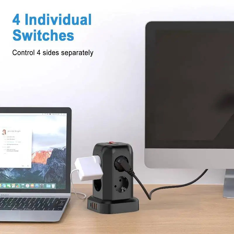 Multi-socket Power Board 8way+3USB+1C Ports Multifunctional Vertical European Standard Socket Surge Protector Overload Protectio