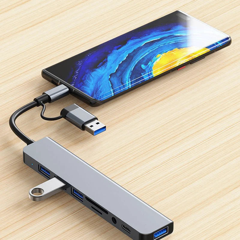 8 in 1 USB +Type C HUB Docking Station with 3.5mm Audio Jack Adapter Micro SD Card Reader Laptop Tablet Phone Disk Converter