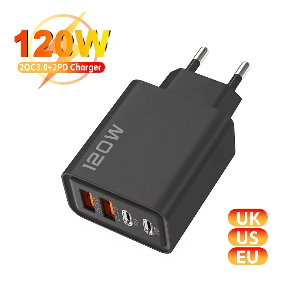 120W 4-Port USB Type-C Fast Wall Charger | Quick Charge Adapter for iPhone, Samsung & More