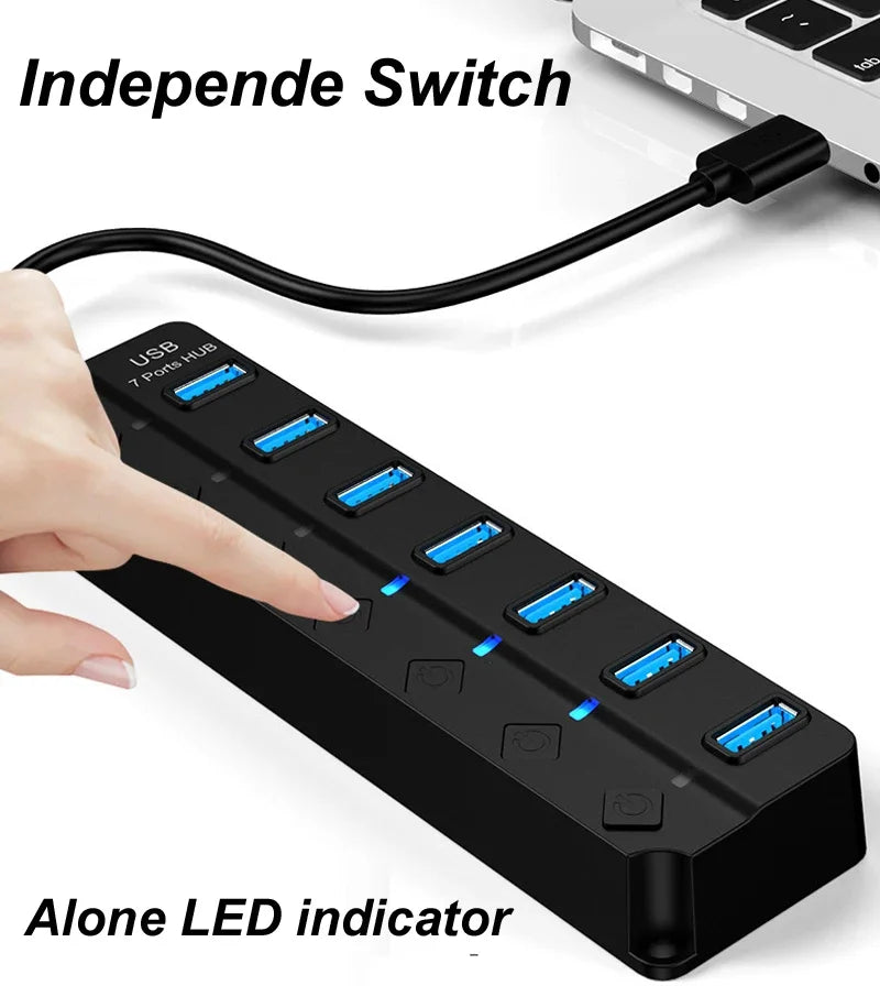 4/7-Port USB 3.0 Hub with LED Indicator Independent Switch Control for Laptop Flash Drive Hard Disk Printer Camera Keyboard