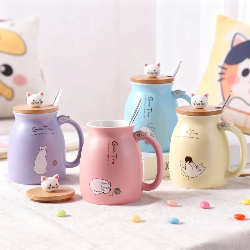 Cute Cartoon Cat Ceramic Mug 🐾☕ with Wooden Lid & Spoon | 420ml Heat-Resistant Milk & Coffee Cup