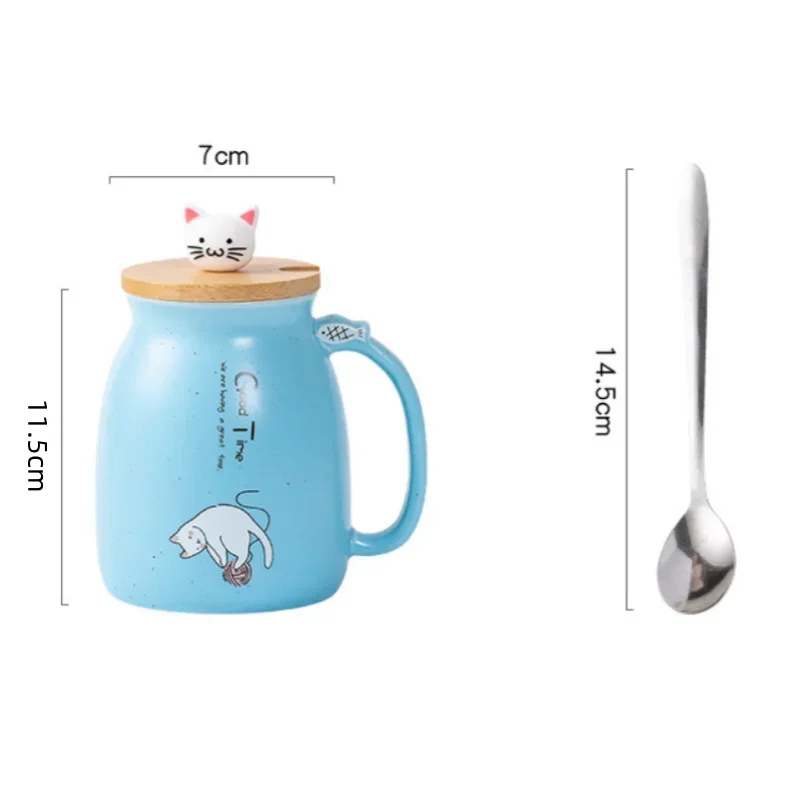 Cute Cartoon Cat Ceramic Mug 🐾☕ with Wooden Lid & Spoon | 420ml Heat-Resistant Milk & Coffee Cup