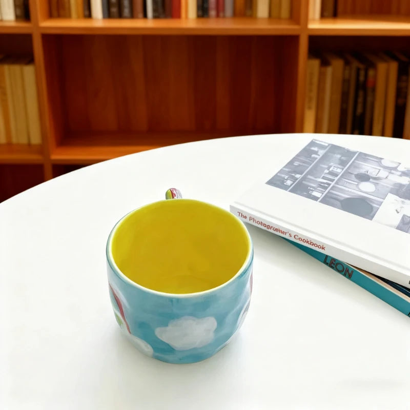 Korean Style Plaid & Floral Ceramic Coffee Mug ☕🌈 | 400ml Cute Handgrip Cup | Eco-Friendly Gift for Her