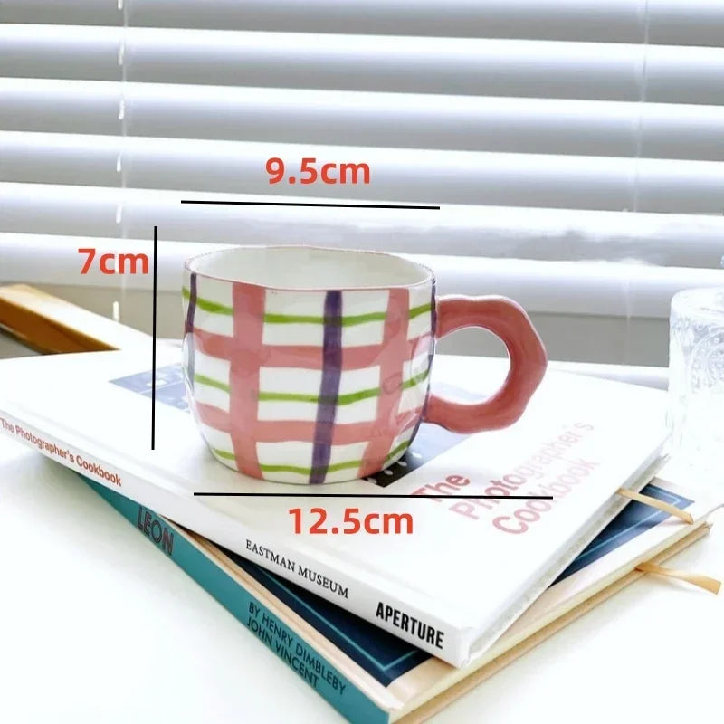 Korean Style Plaid & Floral Ceramic Coffee Mug ☕🌈 | 400ml Cute Handgrip Cup | Eco-Friendly Gift for Her