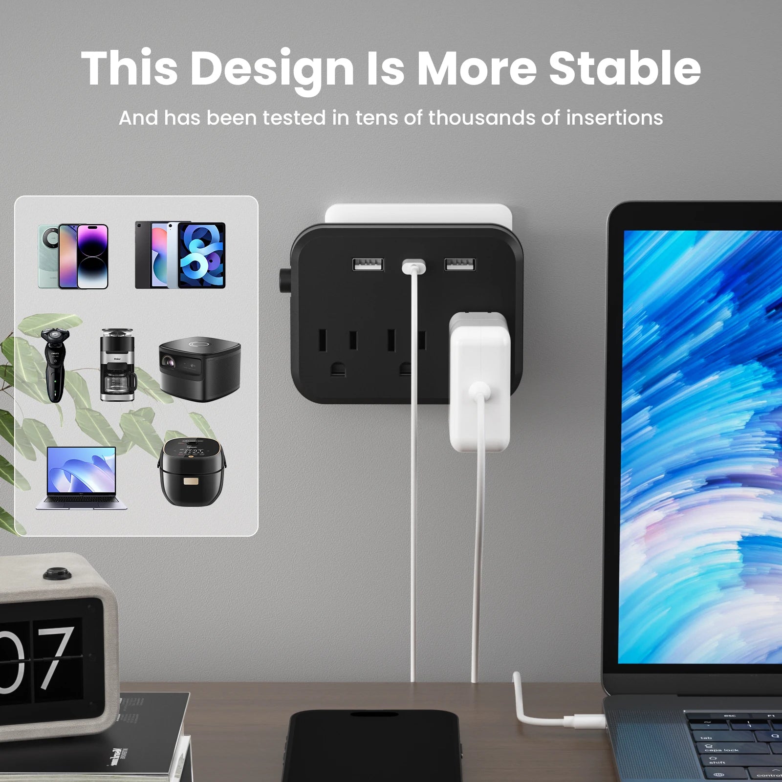 TRANSTON US Switch with surge protector Mini Portable power strip 6-in-1 Multifunctional 3 power strip 2 USB ports 1 Type-C