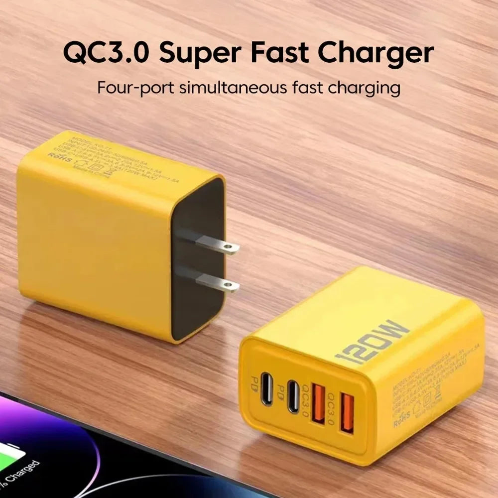 120W 4-Port USB Type-C Fast Wall Charger | Quick Charge Adapter for iPhone, Samsung & More