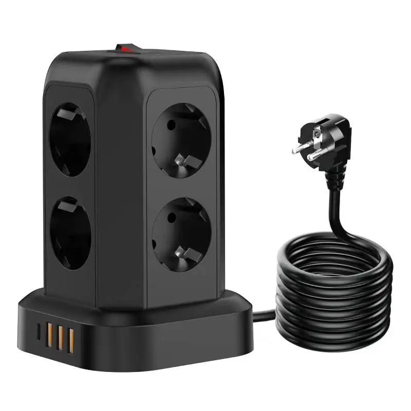 Multi-socket Power Board 8way+3USB+1C Ports Multifunctional Vertical European Standard Socket Surge Protector Overload Protectio