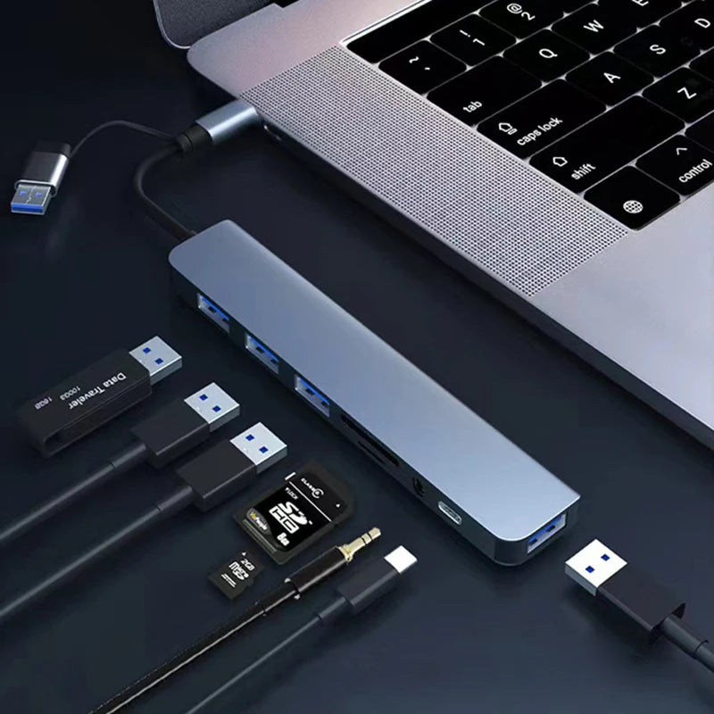 8 in 1 USB +Type C HUB Docking Station with 3.5mm Audio Jack Adapter Micro SD Card Reader Laptop Tablet Phone Disk Converter