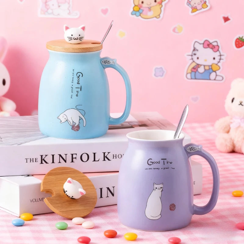 Cute Cartoon Cat Ceramic Mug 🐾☕ with Wooden Lid & Spoon | 420ml Heat-Resistant Milk & Coffee Cup