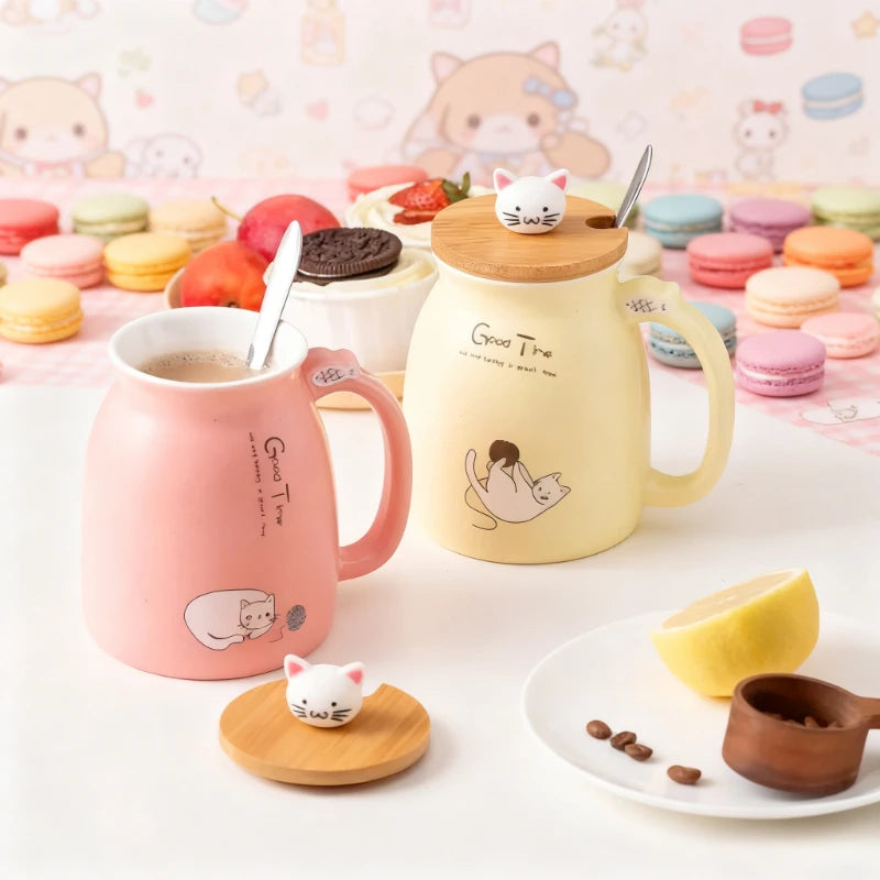 Cute Cartoon Cat Ceramic Mug 🐾☕ with Wooden Lid & Spoon | 420ml Heat-Resistant Milk & Coffee Cup