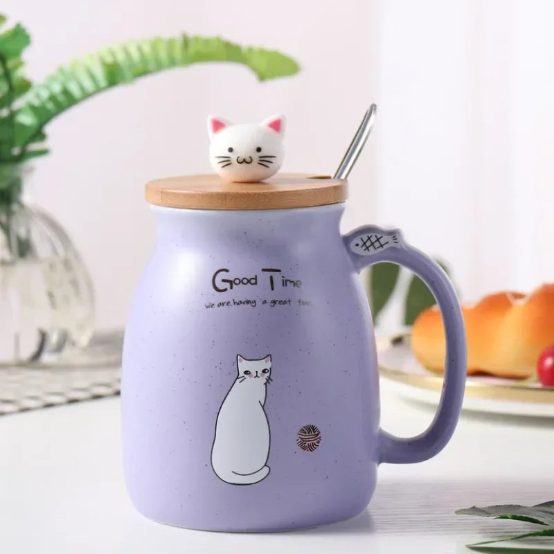Cute Cartoon Cat Ceramic Mug 🐾☕ with Wooden Lid & Spoon | 420ml Heat-Resistant Milk & Coffee Cup