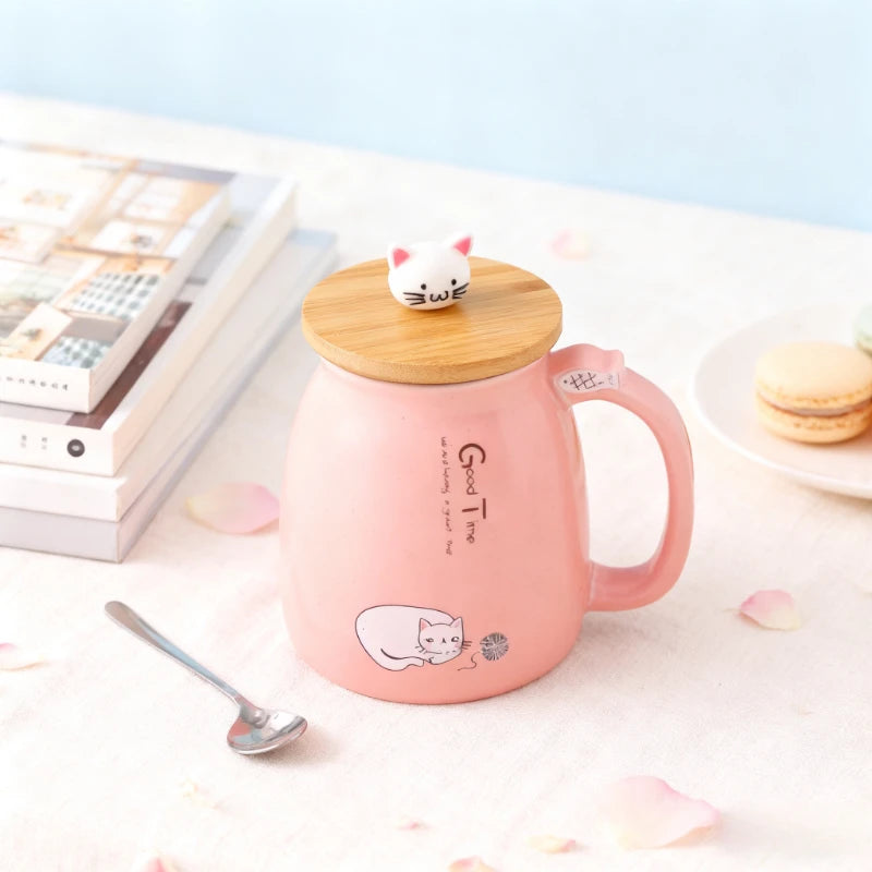 Cute Cartoon Cat Ceramic Mug 🐾☕ with Wooden Lid & Spoon | 420ml Heat-Resistant Milk & Coffee Cup