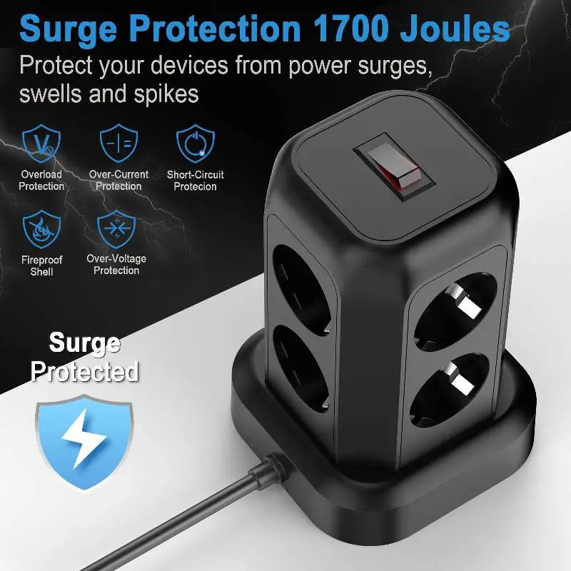 Multi-socket Power Board 8way+3USB+1C Ports Multifunctional Vertical European Standard Socket Surge Protector Overload Protectio