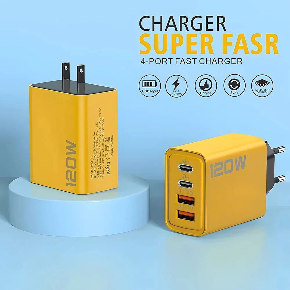 120W 4-Port USB Type-C Fast Wall Charger | Quick Charge Adapter for iPhone, Samsung & More