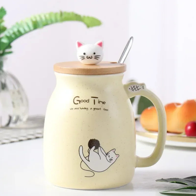 Cute Cartoon Cat Ceramic Mug 🐾☕ with Wooden Lid & Spoon | 420ml Heat-Resistant Milk & Coffee Cup