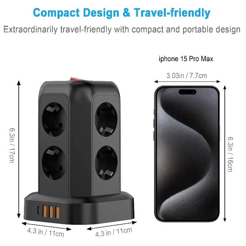 Multi-socket Power Board 8way+3USB+1C Ports Multifunctional Vertical European Standard Socket Surge Protector Overload Protectio