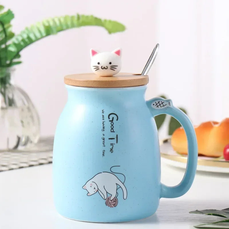 Cute Cartoon Cat Ceramic Mug 🐾☕ with Wooden Lid & Spoon | 420ml Heat-Resistant Milk & Coffee Cup