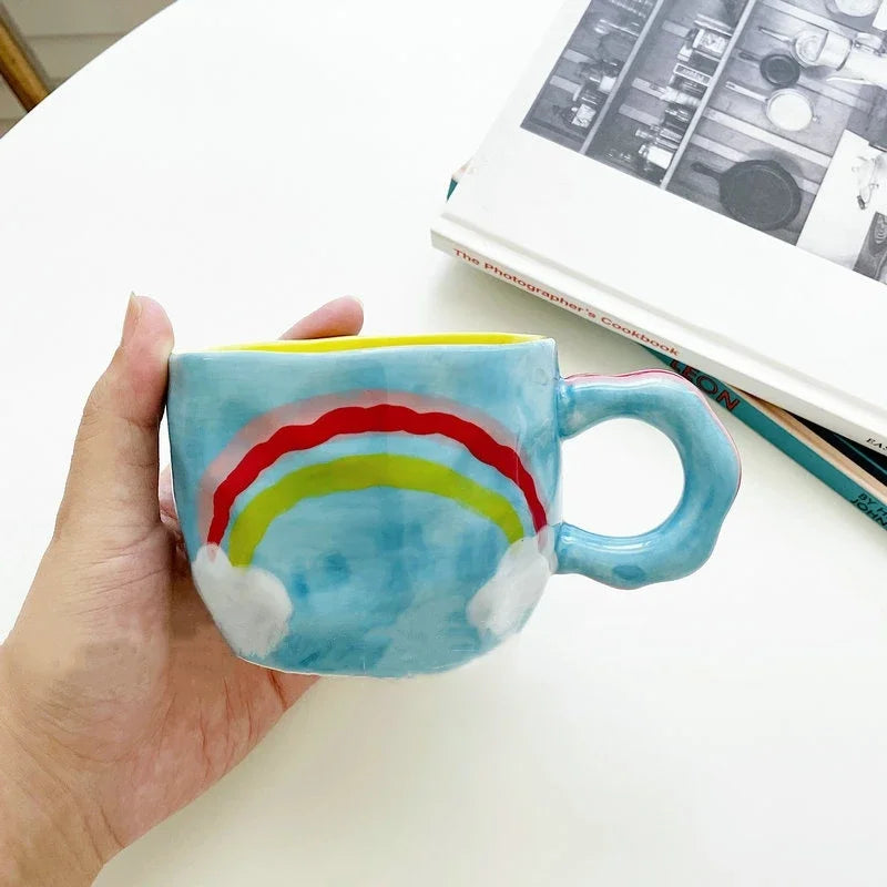 Korean Style Plaid & Floral Ceramic Coffee Mug ☕🌈 | 400ml Cute Handgrip Cup | Eco-Friendly Gift for Her