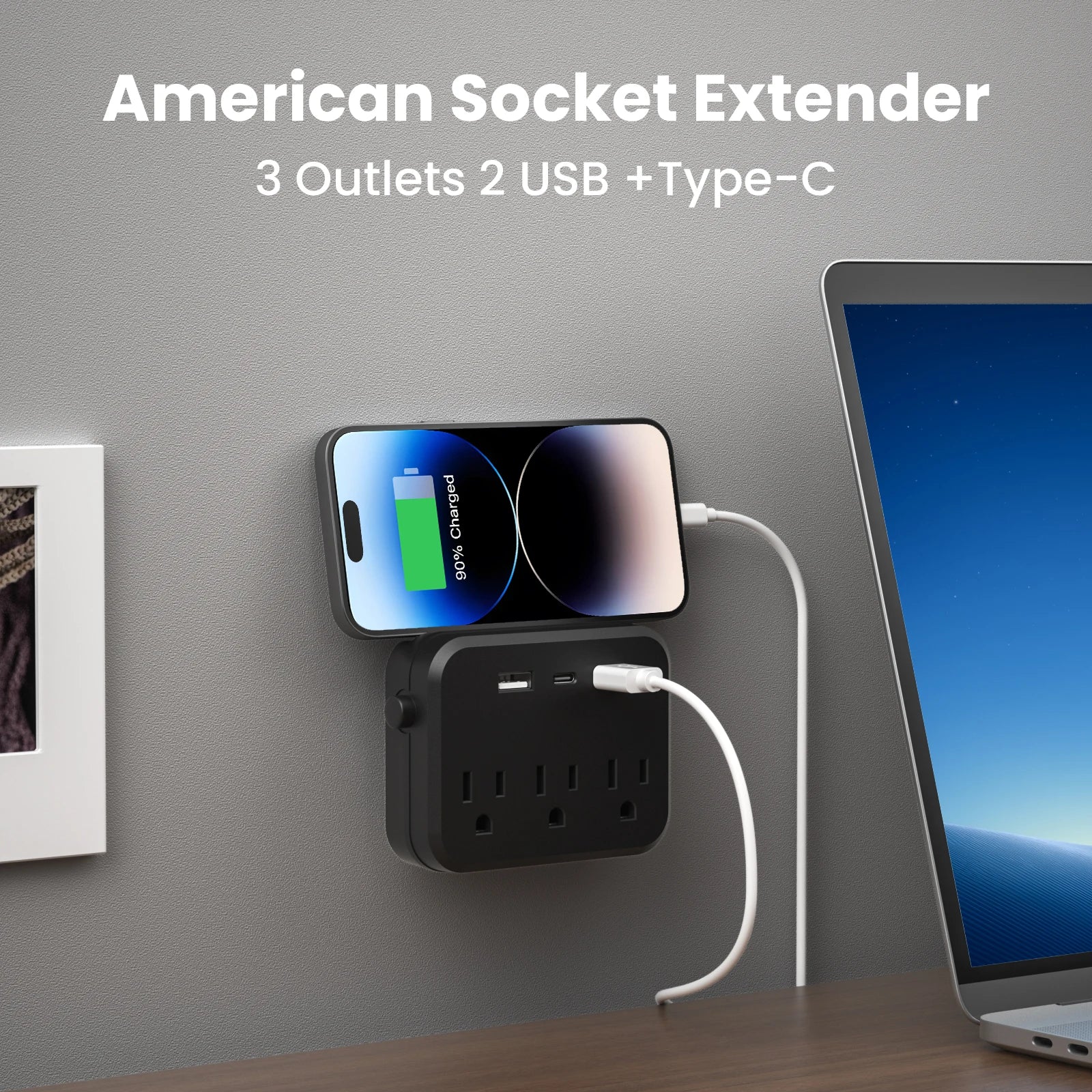 TRANSTON US Switch with surge protector Mini Portable power strip 6-in-1 Multifunctional 3 power strip 2 USB ports 1 Type-C