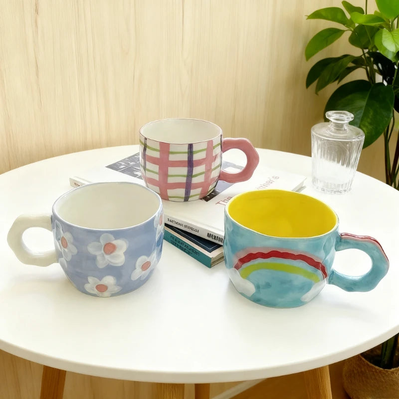 Korean Style Plaid & Floral Ceramic Coffee Mug ☕🌈 | 400ml Cute Handgrip Cup | Eco-Friendly Gift for Her