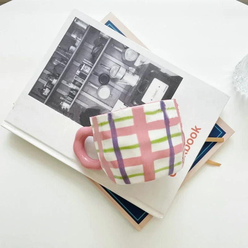Korean Style Plaid & Floral Ceramic Coffee Mug ☕🌈 | 400ml Cute Handgrip Cup | Eco-Friendly Gift for Her