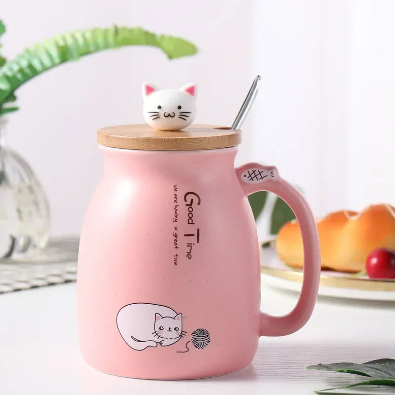 Cute Cartoon Cat Ceramic Mug 🐾☕ with Wooden Lid & Spoon | 420ml Heat-Resistant Milk & Coffee Cup