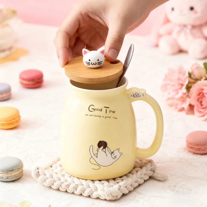 Cute Cartoon Cat Ceramic Mug 🐾☕ with Wooden Lid & Spoon | 420ml Heat-Resistant Milk & Coffee Cup